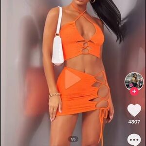 SHEIN Orange Honeycomb Halter Top and Skirt Set